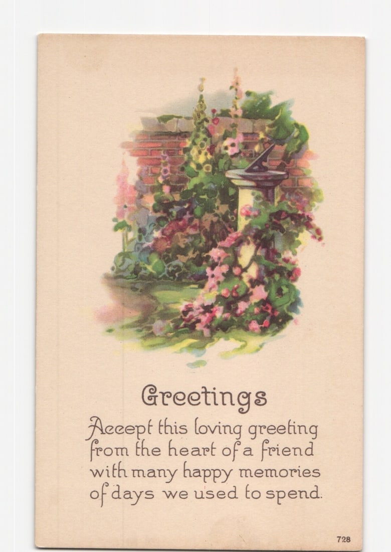 Early 20th Century Undivided Back Illustrated Greeting Postcard of a Flowering Garden Sundial (1 of 2)