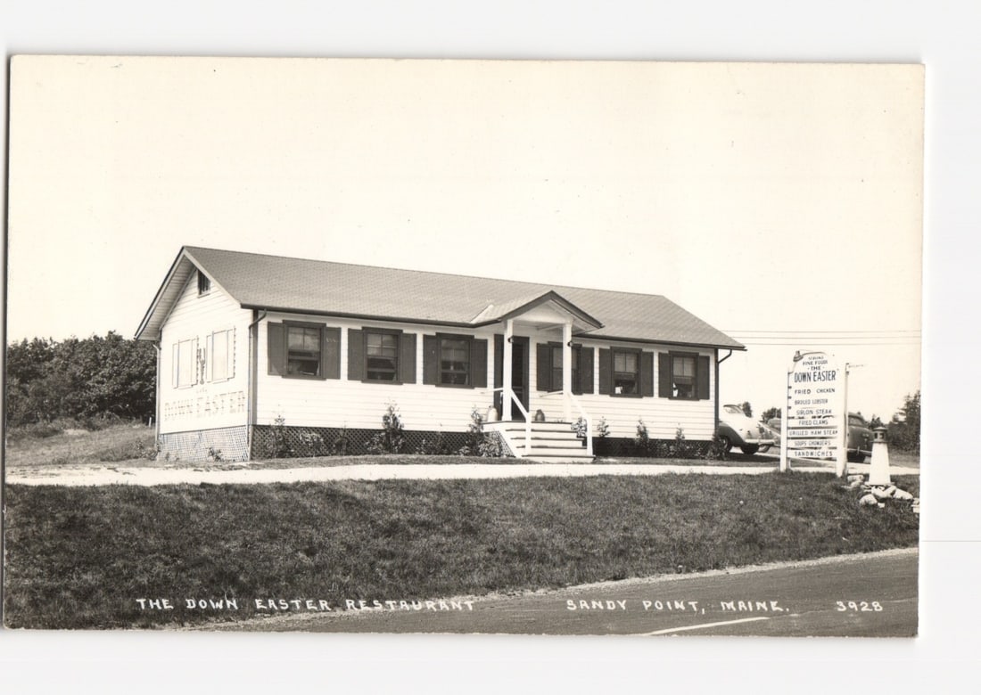 Classic black and white real photo postcard of The Down Easter Restaurant, Sandy Point, Maine. (1 of 2)