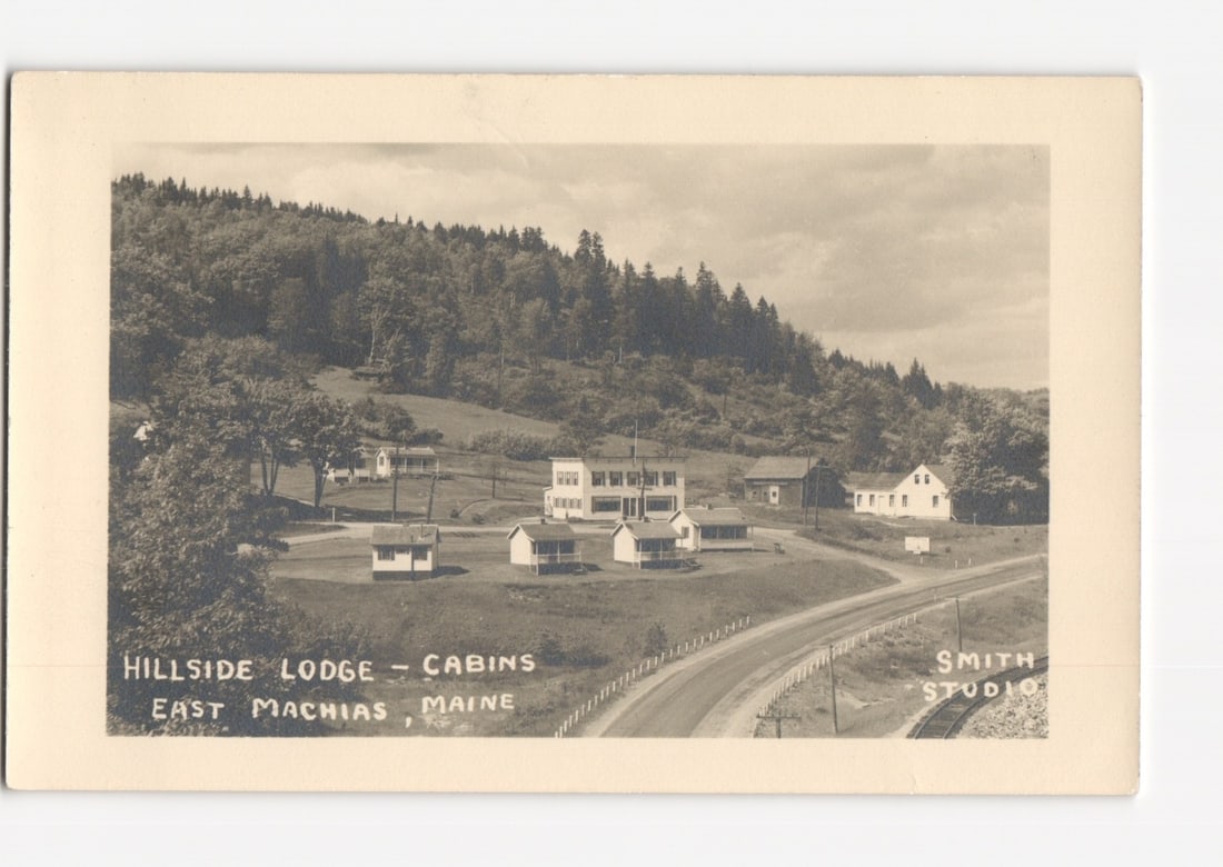 Early 20th Century Hillside Lodge and Cabins, East Machias, Maine Landscape Postcard.: A real photo postcard (RPPC) depicting a scenic landscape view of Hillside Lodge and its associated cabins in East Machias, Maine. The central two-story lodge building is surrounded by several smaller