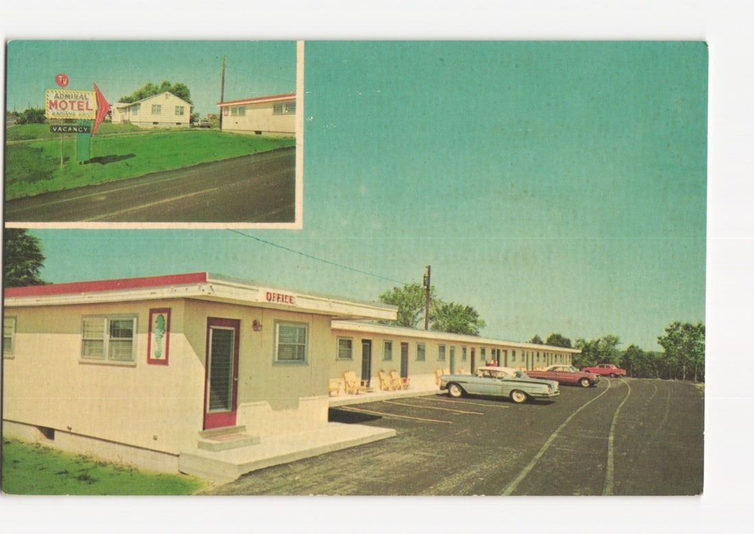 Mid-20th Century Admiral Motel in Scarborough, Maine, showing office and guest rooms postcard.: Chromolithograph shows Admiral Motel: main building ('OFFICE' entrance, guest wing), three period automobiles. Red trim, light-colored walls. Upper left inset: motel sign ('TV', 'ADMIRAL MOTEL', 'RADI