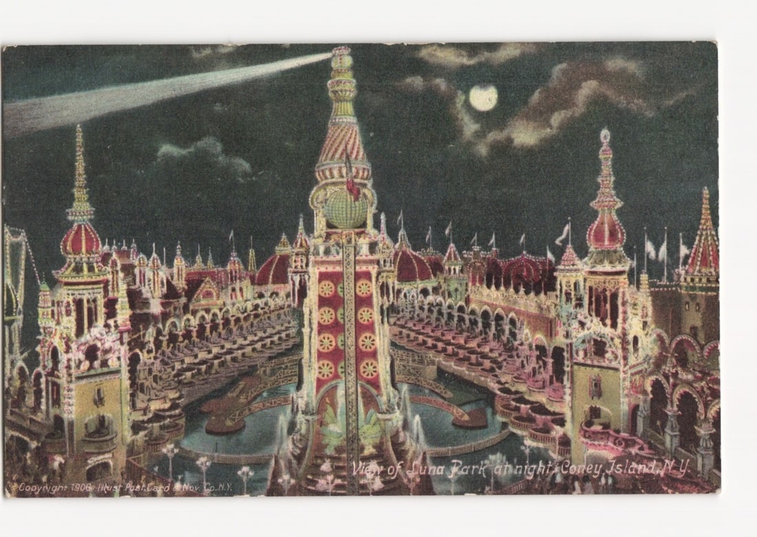 Night View of Illuminated Luna Park, Coney Island, New York, 1906, Chromolithograph postcard (1 of 2)