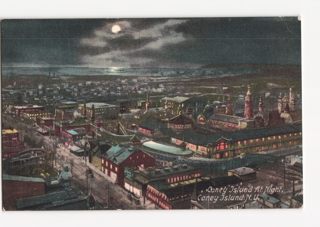Coney Island at Night, New York, Chromolithograph Postcard, Cityscape under Moonlight (1 of 2)
