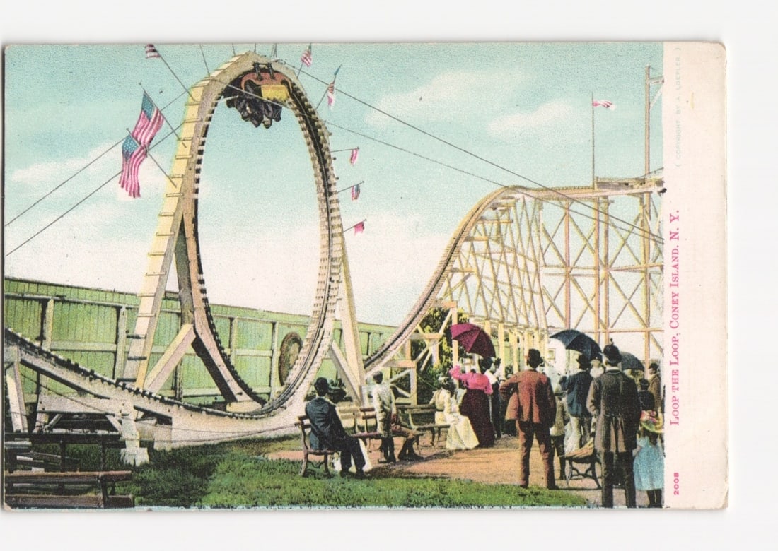 Spectators watching the 'Loop the Loop' roller coaster, Coney Island, New York postcard (1 of 2)