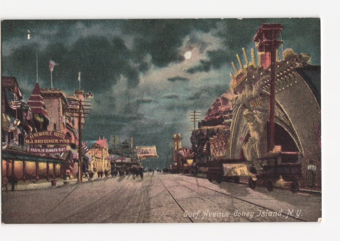 Coney Island Surf Avenue Night Moonlight Street Scene Albemarle Hotel New York: A printed (lithograph) color postcard depicting Surf Avenue in Coney Island, New York, at night under a cloudy, moonlit sky, featuring various establishments including the Albemarle Hotel and a large 