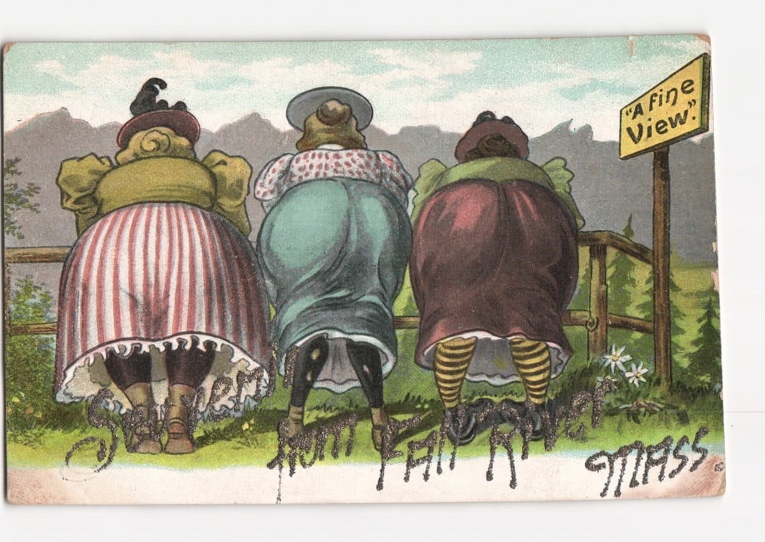 Humorous postcard showing three women from behind and 'A Fine View' sign, Mass. (1 of 2)