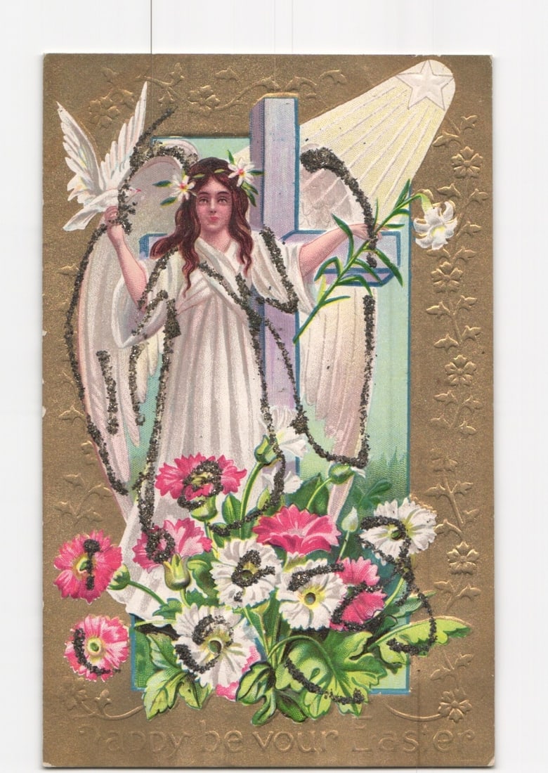 Chromolithograph postcard of an Easter Angel with a Dove, Cross, Flowers, and Glitter. (1 of 2)