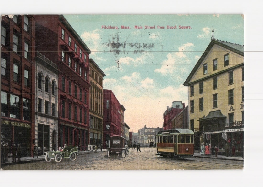 Fitchburg, Mass. Main Street from Depot Square with trolley and car, 1911 postcard. (1 of 2)