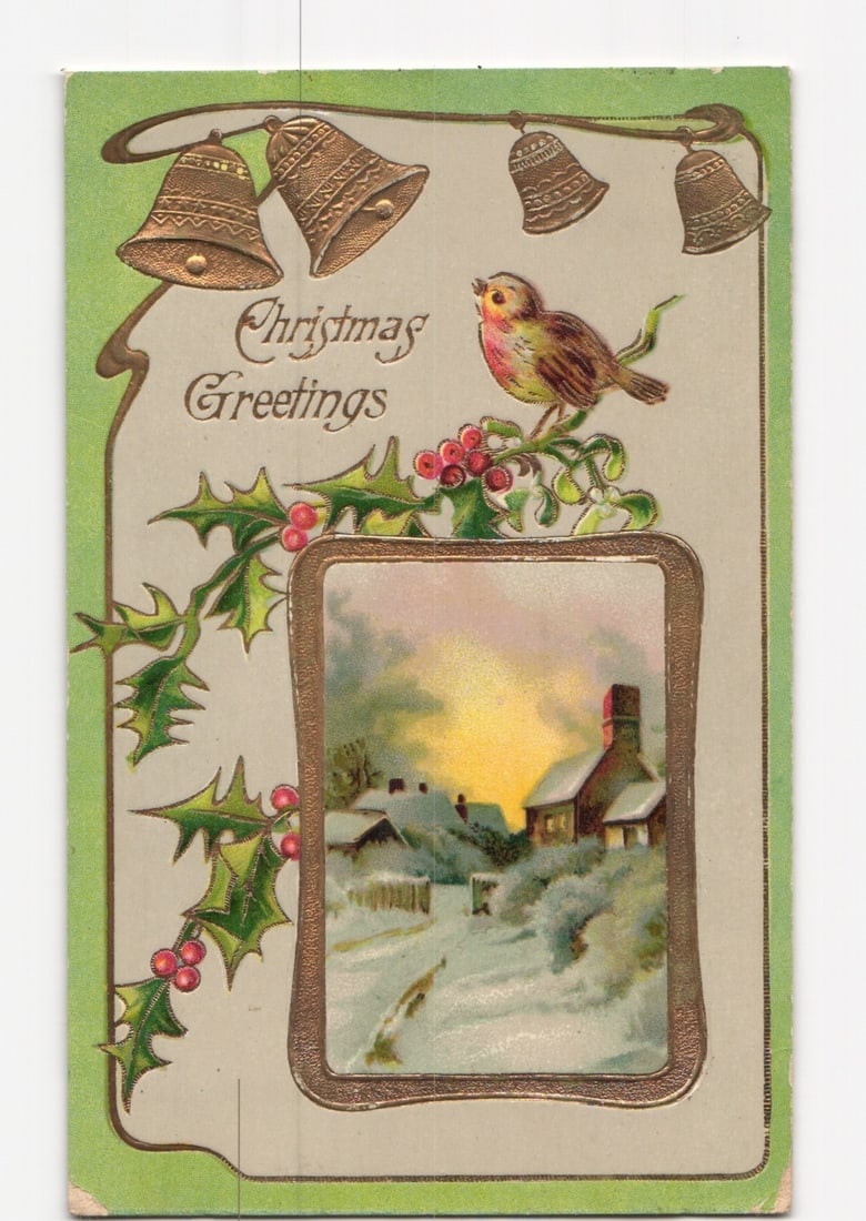 Early 20th Century Christmas Greetings Postcard with Bells, Bird, Holly, and Snowy Landscape Scene (1 of 2)