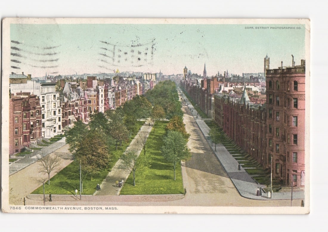 Commonwealth Avenue, Boston, Massachusetts residential district street view postcard, circa 1910s (1 of 2)