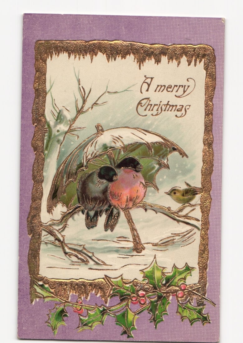 Christmas postcard featuring three birds sheltering under an umbrella in a snowy scene, early 20th (1 of 2)