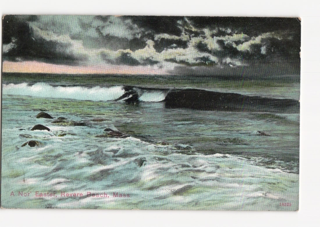 Revere Beach, Massachusetts 'Nor' Easter' storm scene, early 20th-century postcard (1 of 2)