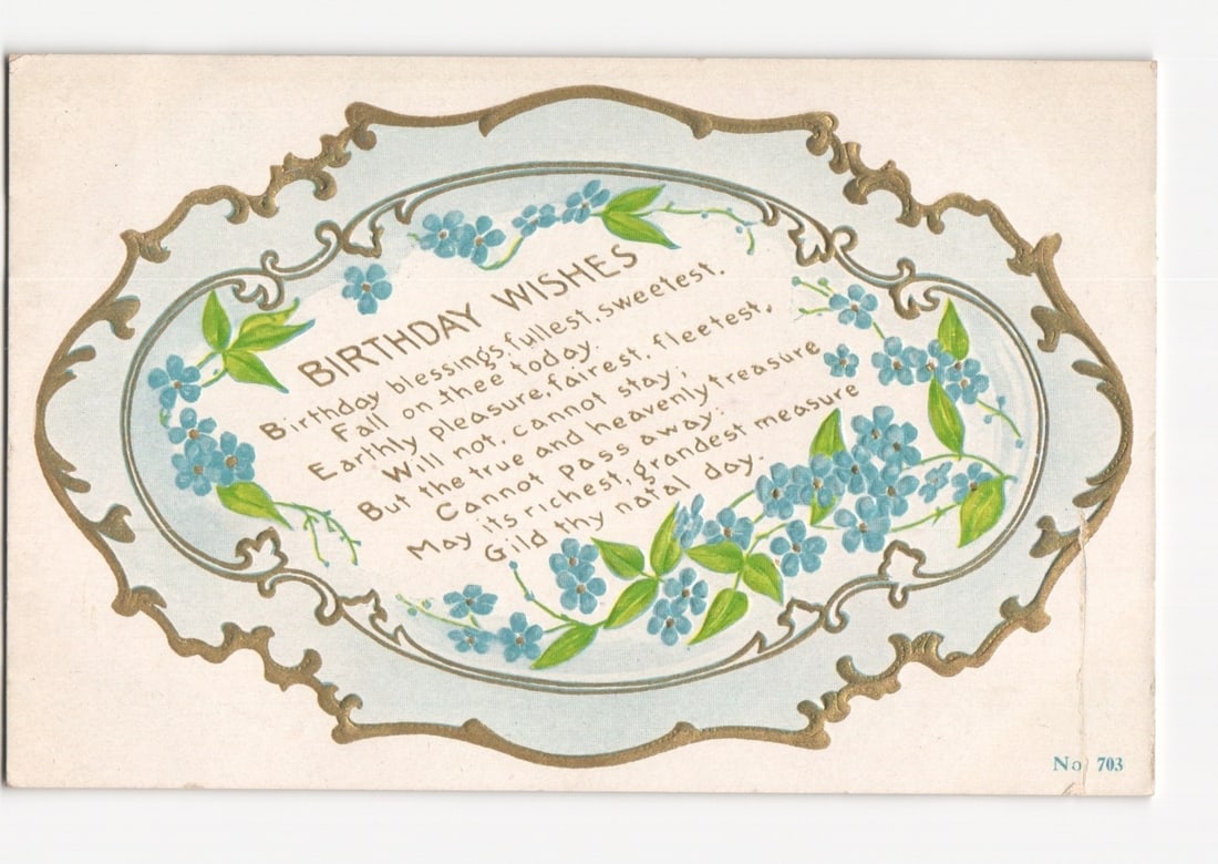 Early 20th Century Birthday Wishes postcard with floral and poetic design by F. A. Owen Publishing: An ornate chromolithograph postcard featuring a central oval frame with a light blue background and gold-colored edges. Within the oval, the phrase "BIRTHDAY WISHES" is prominently displayed above a p