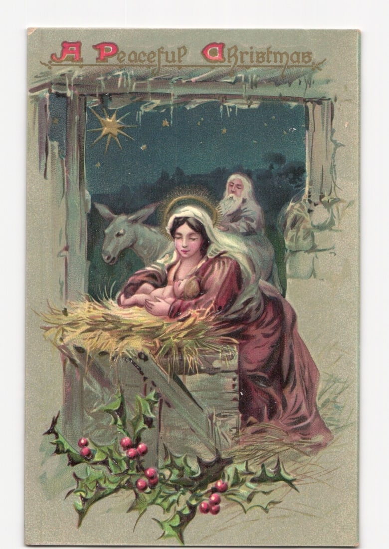 Tuck's Chromolithograph Christmas Postcard: Mary, Baby Jesus, Nativity Scene, c. 1916 (1 of 2)