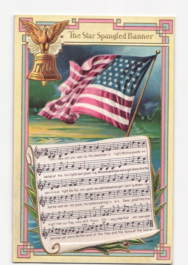 American Flag & Liberty Bell with Star-Spangled Banner Music Sheet Art Postcard: A chromolithograph depicting patriotic American imagery. A large American flag waves centrally against a sky with blue, orange, and pink hues, suggesting a sunrise or sunset. To the upper left, a gold