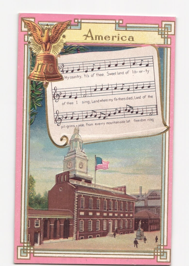 American Patriotic Lithograph Postcard Depicting Independence Hall, Eagle, and 'America' Song. (1 of 2)