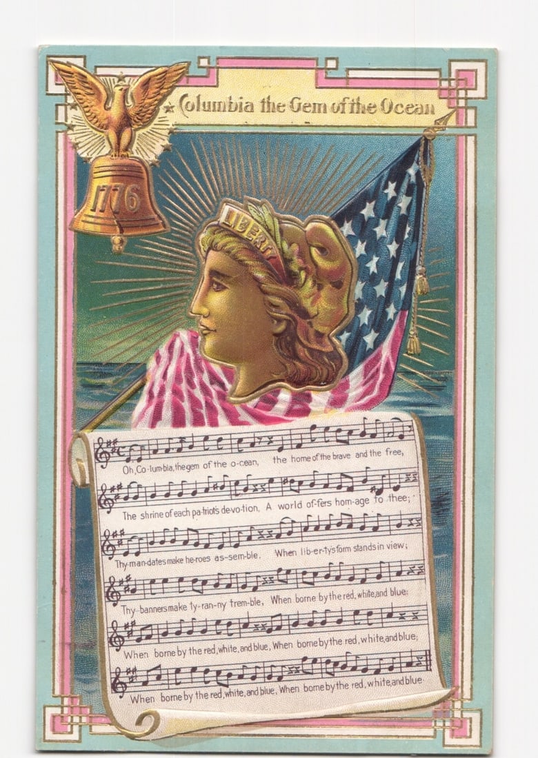 Columbia Personification, Eagle, American Flag, and Sheet Music Patriotic Chromolithograph Postcard: A patriotic chromolithograph depicts Columbia or Liberty, in profile, facing left, wearing a headband inscribed "LIBERTY." Sunburst rays emanate behind her head. An American flag billows left. An eagl