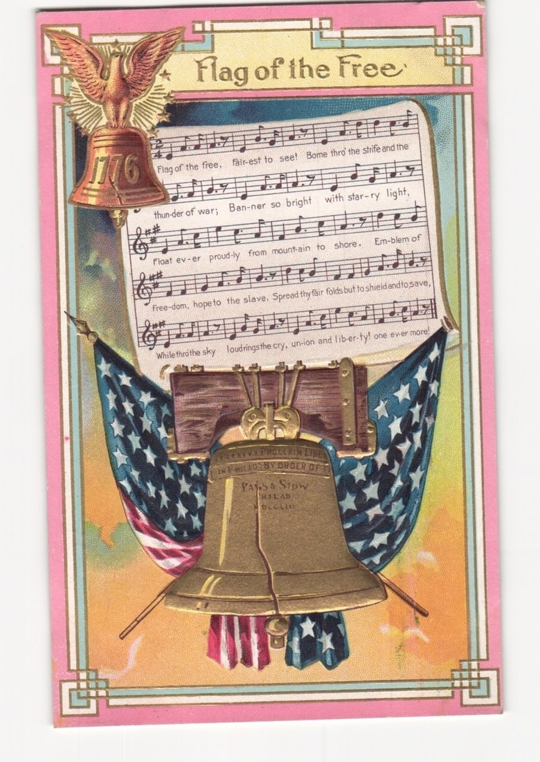 Patriotic embossed postcard with Liberty Bell, American flag, and 'Flag of the Free' music.: A chromolithograph postcard features a central, embossed Liberty Bell, inscribed "PROCLAIM LIBERTY THROUGHOUT ALL THE LAND UNTO ALL THE INHABITANTS THEREOF. LEV. XXV X. BY ORDER OF THE ASSEMBLY OF THE