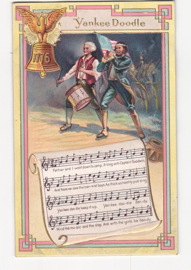 1776 "Yankee Doodle" postcard: American Revolution fifer, drummer, and sheet music. (1 of 2)