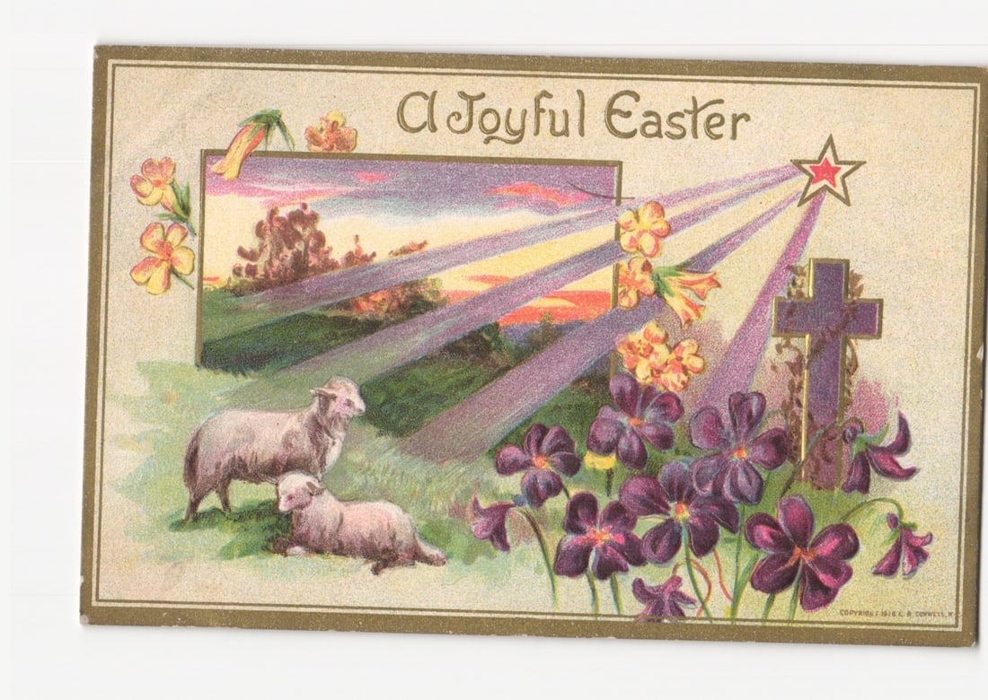 Pastoral Easter Greeting postcard with lambs, cross, and flowers at sunset, circa 1910s (1 of 2)