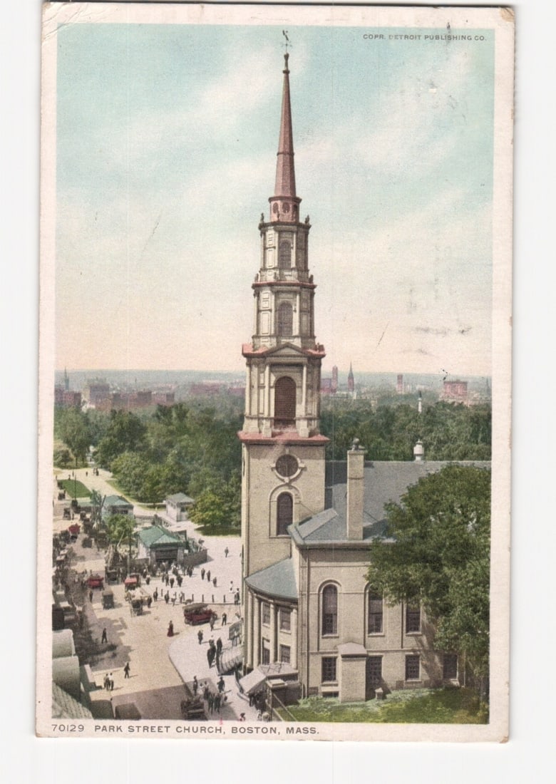 Early 20th Century postcard of Park Street Church in Boston, Massachusetts, with street scene. (1 of 2)