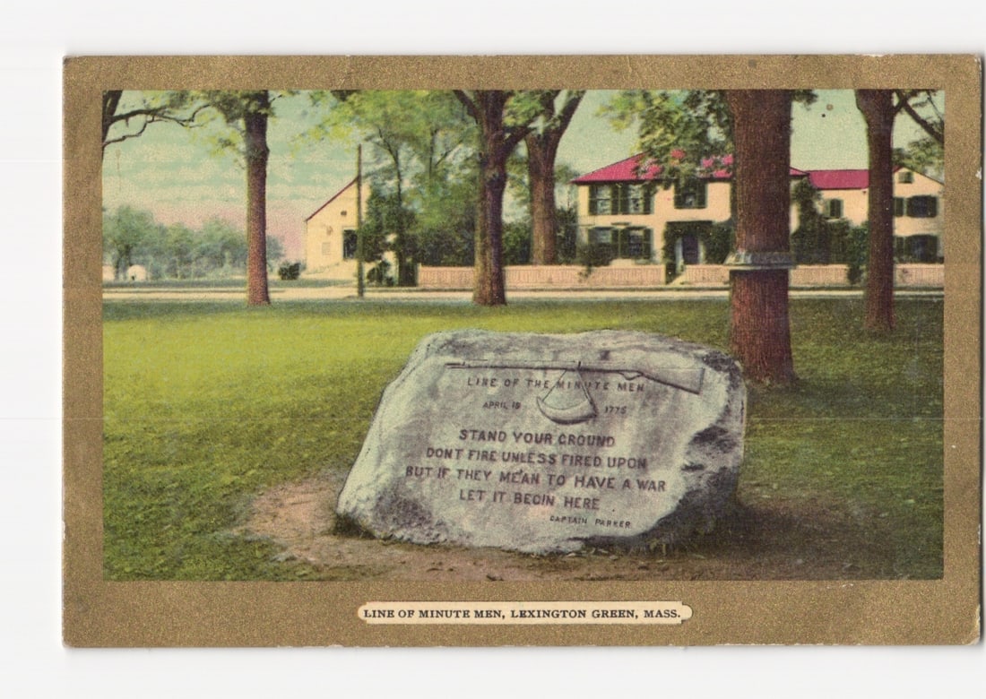 Lexington Green, Massachusetts: Line of Minute Men Memorial Stone, 1775 Event Postcard: A large commemorative boulder is centrally placed on a grassy field, bearing an engraved rifle and text. The text reads: "LINE OF THE MINUTE MEN APRIL 19 1775 STAND YOUR GROUND DON'T FIRE UNLESS FIRED