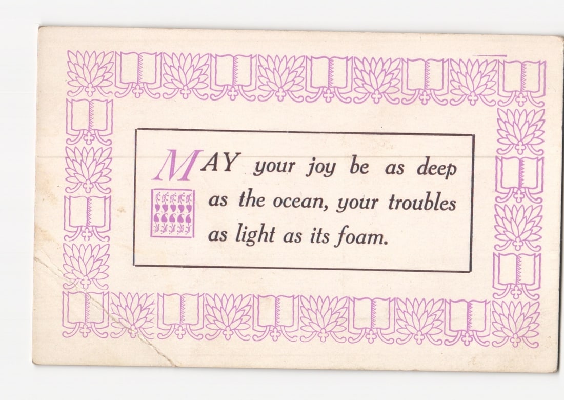 Early 20th Century Undivided Back Postcard: Inspirational Quote with Floral and Book Border: A cream-colored postcard featuring a central inspirational quote framed by a decorative border. The border, printed in a light purple hue, consists of repeated stylized floral or leaf motifs alternati