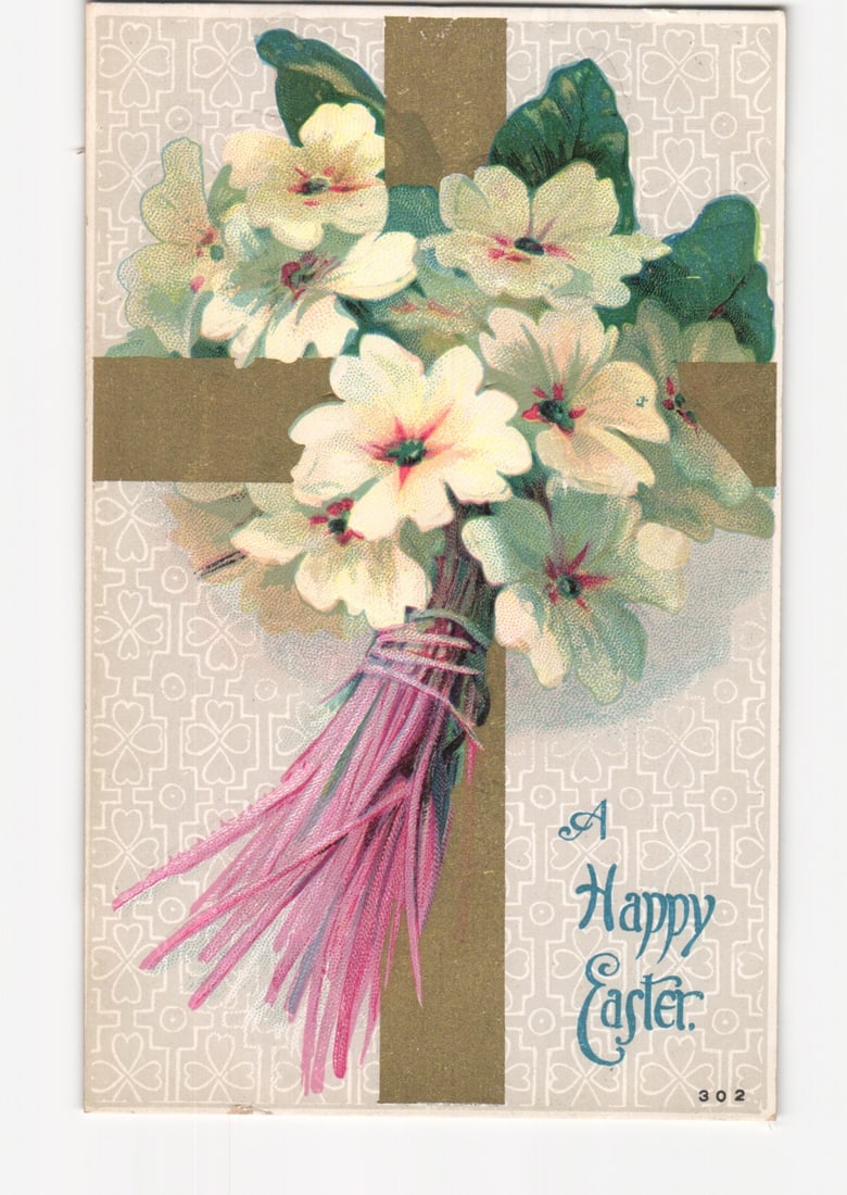 Antique Easter postcard featuring a bouquet of primroses on a cross, circa 1910s.: A chromolithograph postcard featuring a bouquet of light-colored primrose-like flowers with red centers and green leaves. The bouquet is tied with a pink wrap and positioned diagonally across a solid 