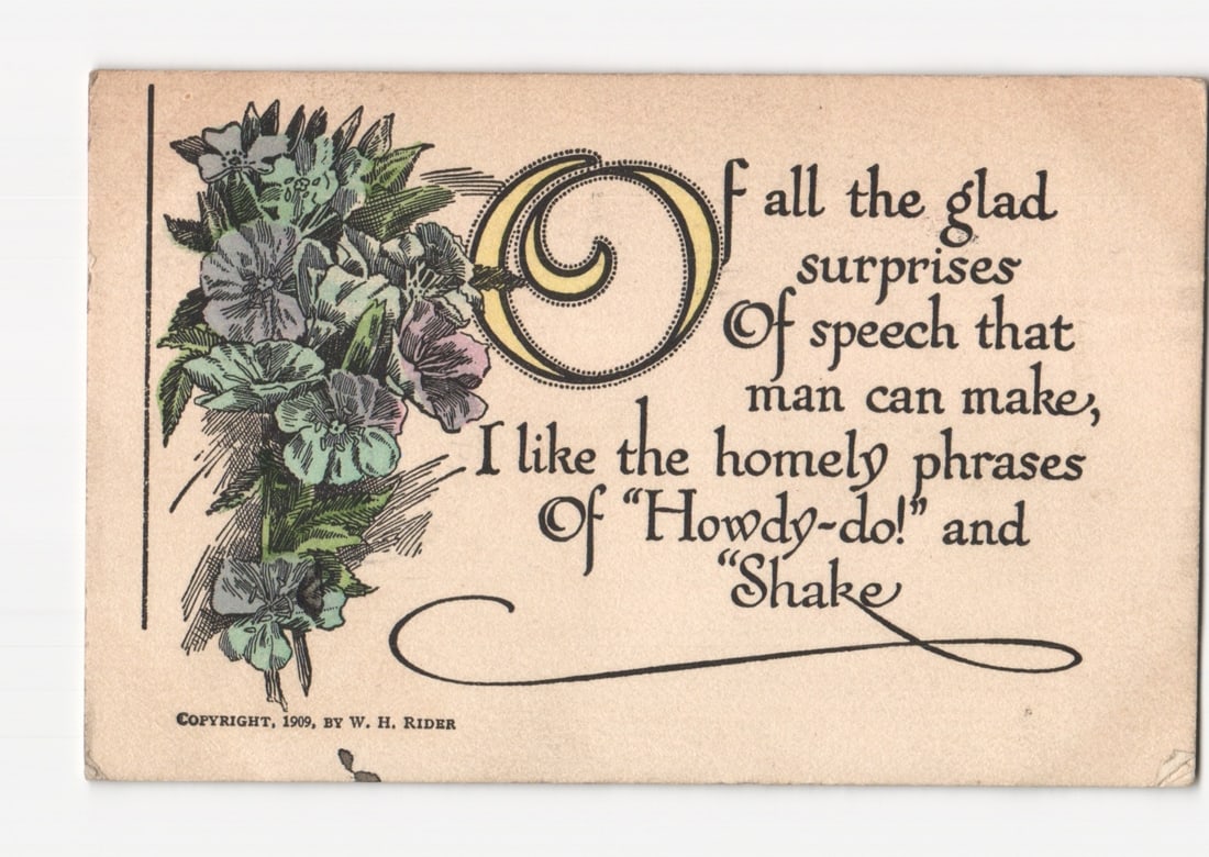 Vintage Chromolithograph Postcard of a Floral Poem, Copyright 1909, Postmarked 1910.: A vibrant chromolithograph illustrates a floral bouquet of petunia-like blossoms and leaves cascading from the left side. The flowers exhibit shades of light blue, purple, and green. A decorative, ove