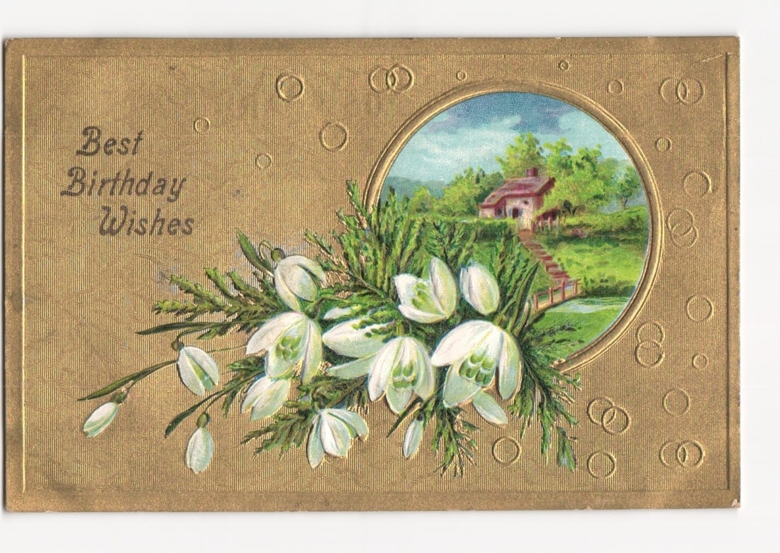 Embossed Chromolithograph Birthday Wishes Postcard with Snowdrops and Rustic House Scene (1 of 2)