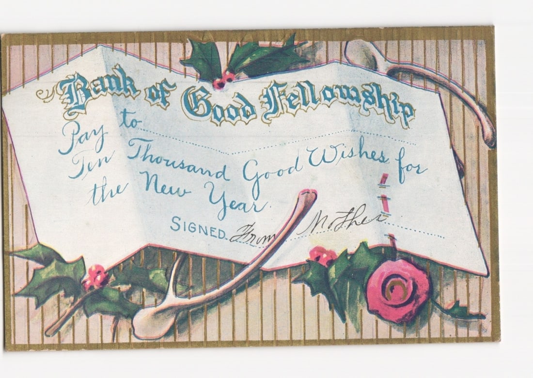 Early 20th Century Chromolithograph Postcard with 'Bank of Good Fellowship' New Year Design (1 of 2)