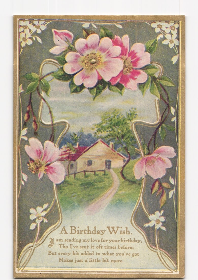 Embossed Chromolithograph Birthday Postcard with House and Floral Border, Early 20th Century (1 of 2)