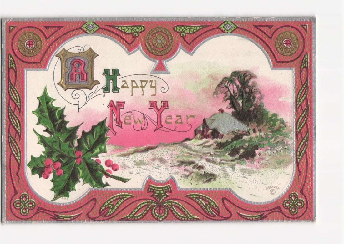 Ornate Chromolithograph Happy New Year postcard with Holly and Winter Landscape Scene: A chromolithograph postcard featuring an elaborate red, green, and gold border framing a winter landscape. The central image shows a small house on a snow-dusted hill, partially surrounded by trees, u