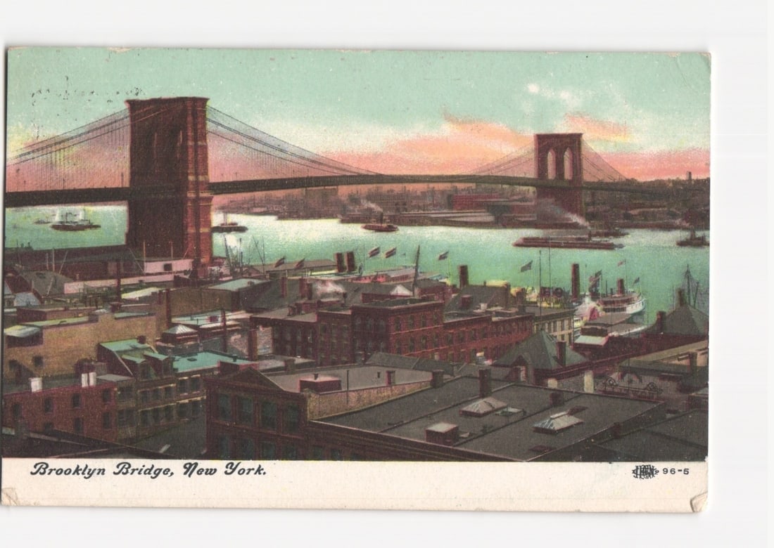 Vibrant Chromolithograph Postcard of Brooklyn Bridge, New York, with River Traffic, 1907 (1 of 2)