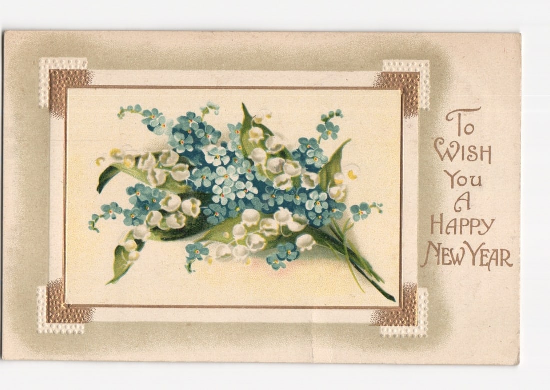 Early 20th Century chromolithograph postcard: Floral New Year greeting bouquet (1 of 2)