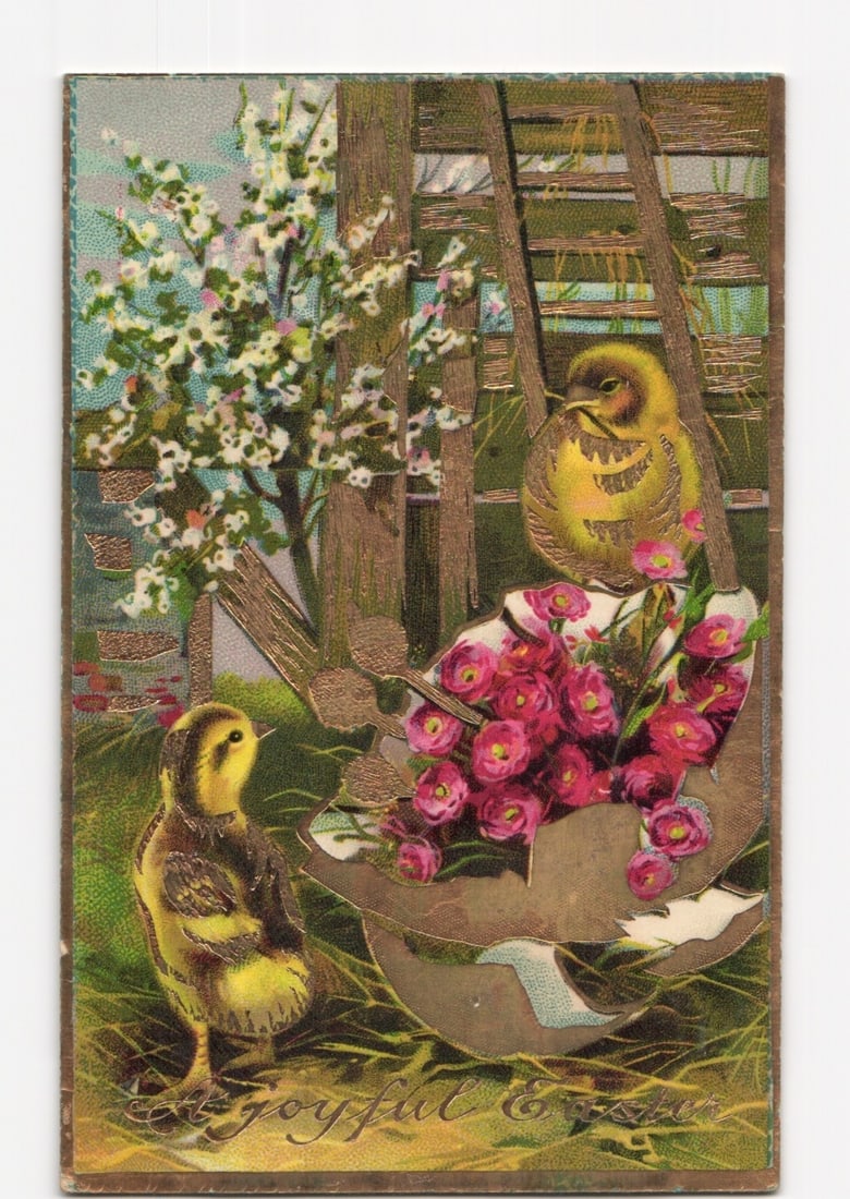 German Chromolithograph Postcard: Two Chicks, Pink Flowers in Broken Eggshell, 'joyful Easter': A vibrant chromolithograph illustration depicts two yellow chicks in a spring scene. One larger chick sits within a broken brown eggshell filled with numerous small pink flowers, positioned to the upp