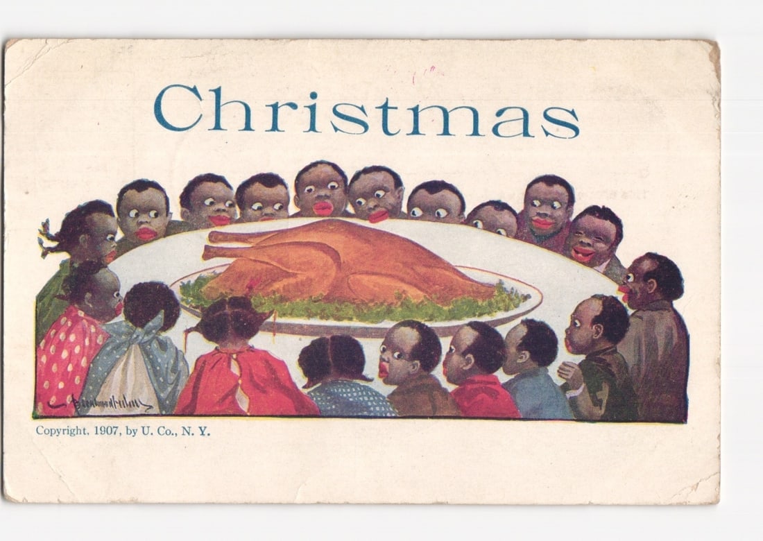 1907 Christmas postcard featuring caricatured Black figures eagerly gathered around a roasted (1 of 2)