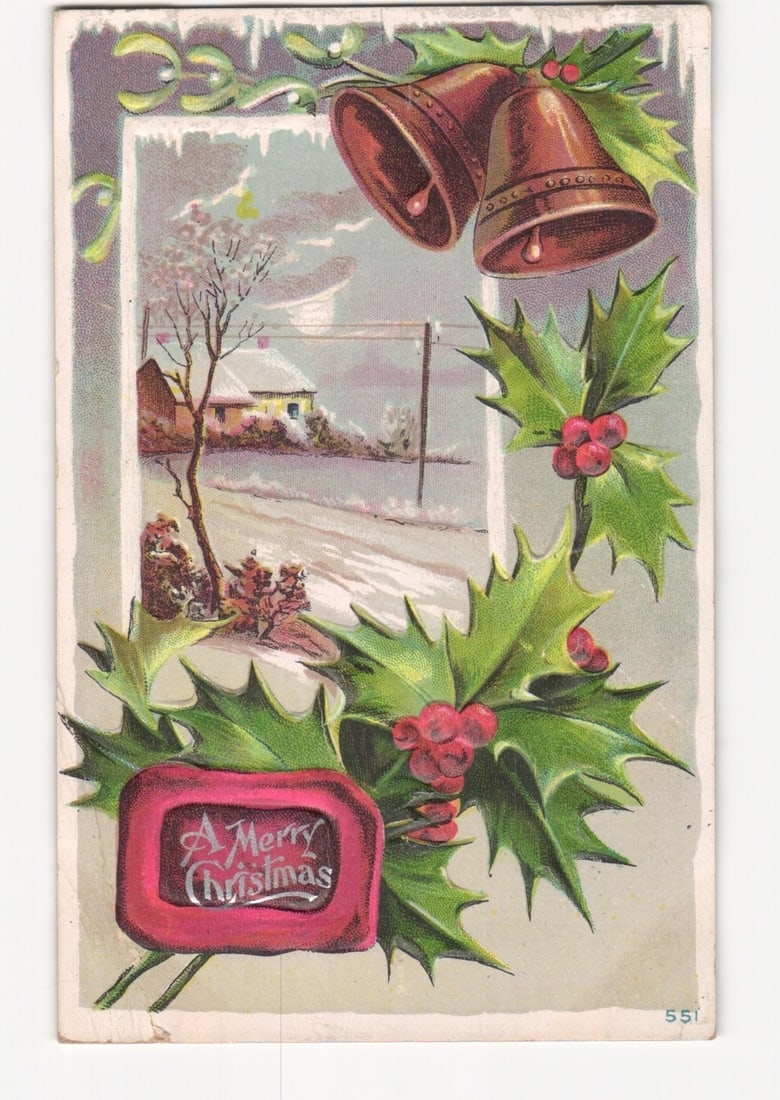 Holiday Bells, Holly, Snowy Landscape Postcard, East Pepperell, Massachusetts, December 1910 (1 of 2)