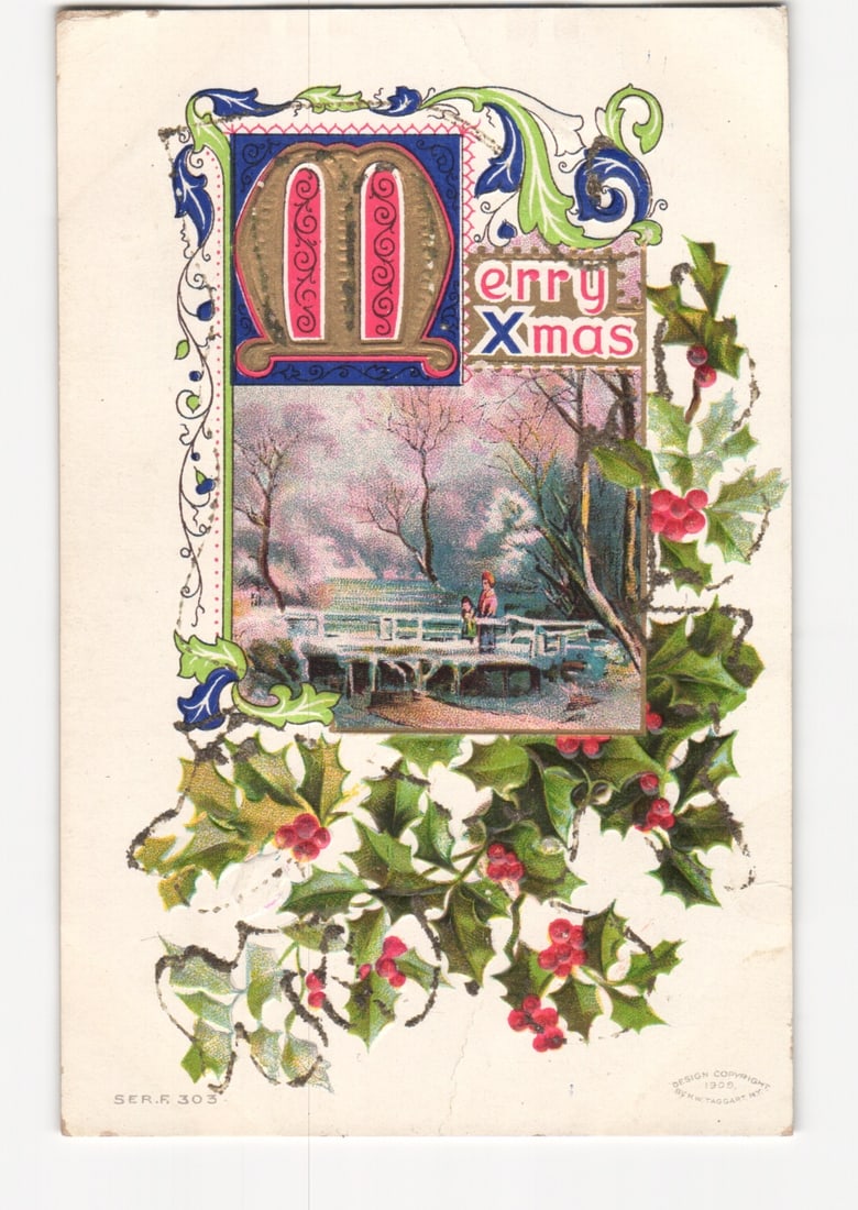 Vintage Christmas postcard with ornate holly and winter scene, Merry Xmas, c. 1910 (1 of 2)