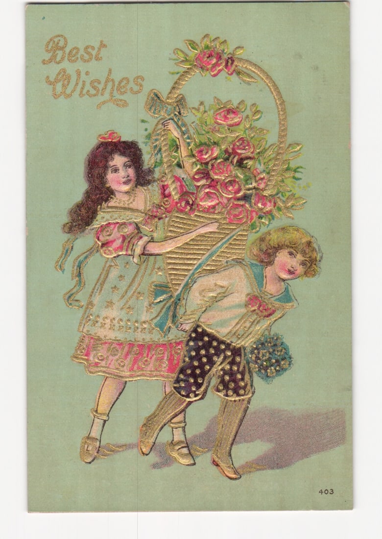 Early 20th-Century Chromolithograph Postcard: Two Children with Gilded Flower Baskets: A chromolithograph illustration depicts a young girl and boy carrying flower baskets against a light green background. The girl, dressed in a white and pink dress with ribbon accents, holds a large wo