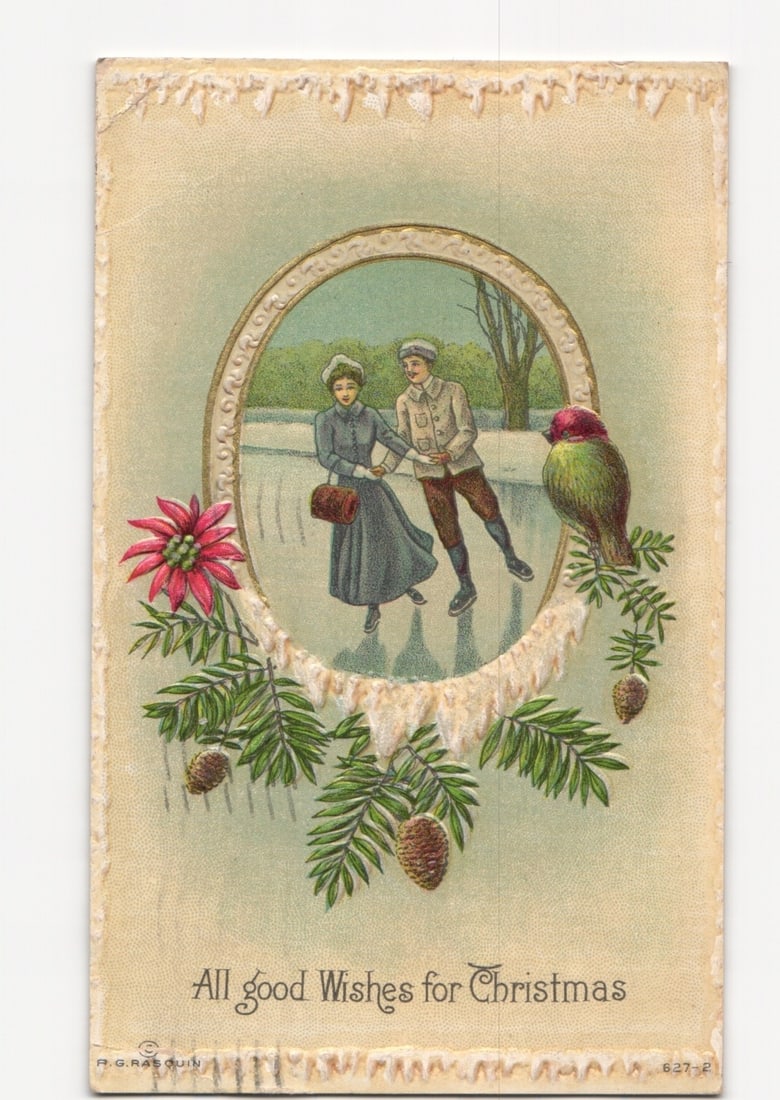 Chromolithograph Postcard of Ice Skaters in Oval Frame with Christmas Greetings, c. 1911 (1 of 2)