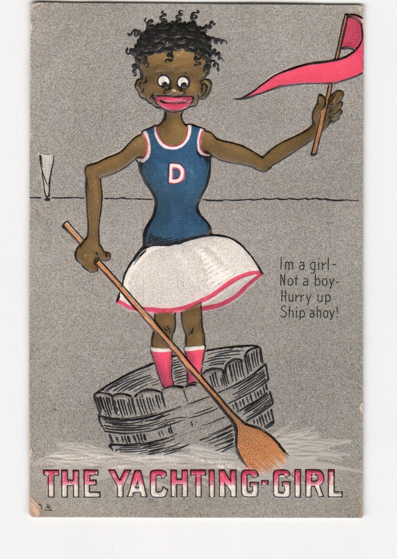 Early 20th-century chromolithograph postcard of 'The Yachting-Girl' caricature with flag and broom. (1 of 2)