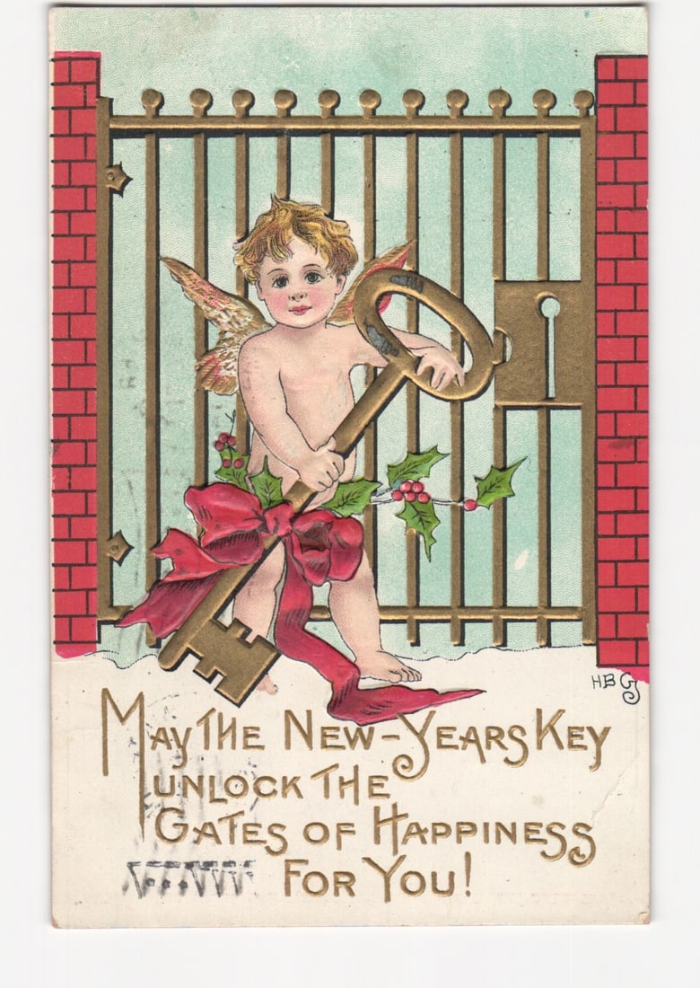New Year's Cupid with Golden Key at Gates of Happiness Chromolithograph Postcard, circa 1910 (1 of 2)
