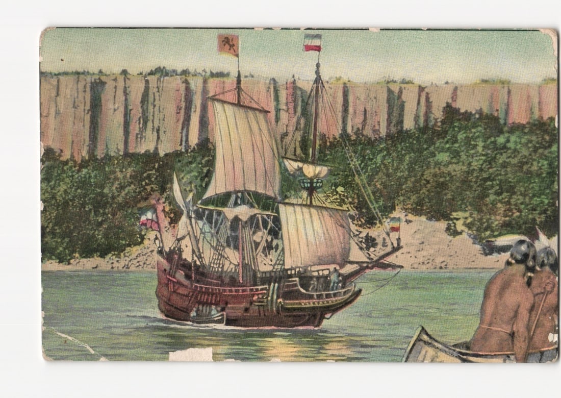 1909 Hudson-Fulton Celebration postcard, depicting The Half Moon ship and Native American canoe (1 of 2)