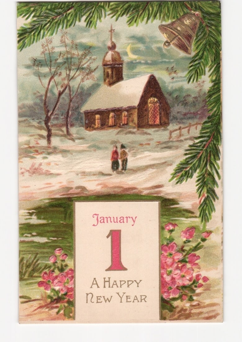 Chromolithograph postcard: 1911 New Year scene with snowy church, figures, and calendar.: An illustrated winter scene depicts a snow-covered church with illuminated windows under a crescent moon. Two figures stand facing the church, with bare trees to the left. Pine branches frame the top 