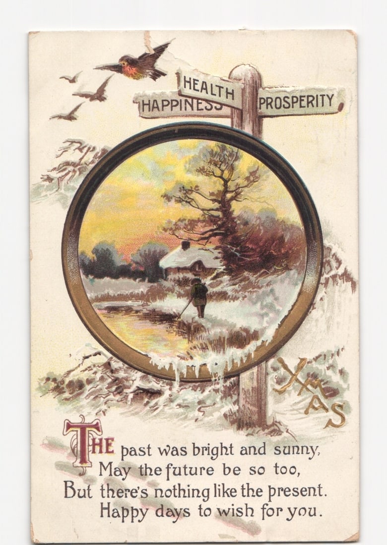 Early 20th Century Christmas Greetings Postcard with Winter Landscape, Signpost & Flying Birds (1 of 2)