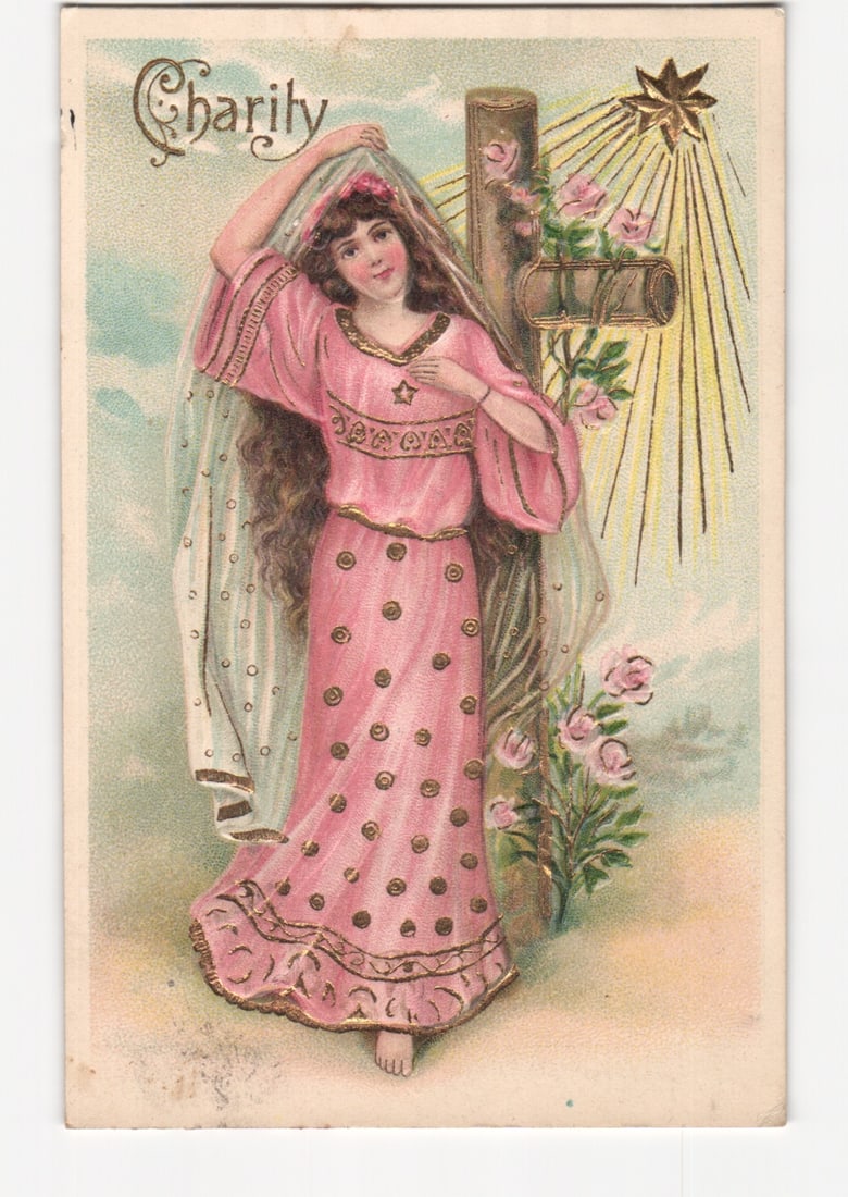 Early 20th Century Allegorical 'Charity' Female Figure with Cross and Star Art Postcard (1 of 2)
