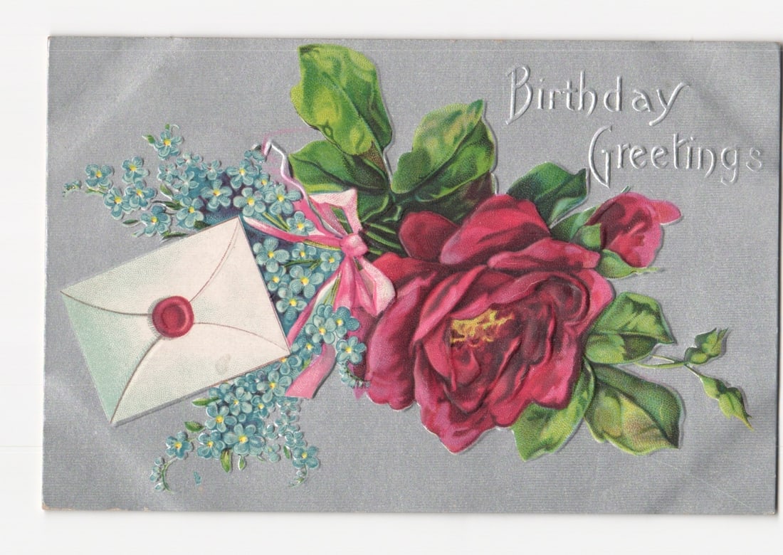 Embossed "Birthday Greetings" postcard with red roses, blue forget-me-nots, and a sealed envelope, (1 of 2)