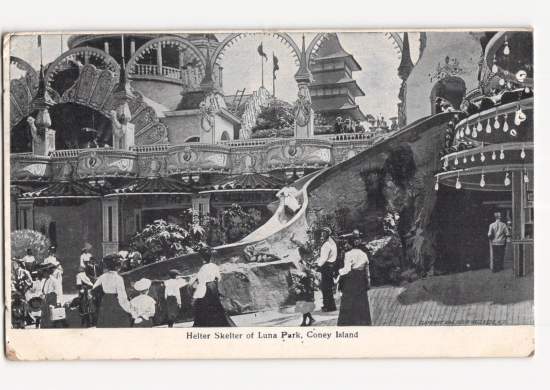 Early 20th century Helter Skelter slide at Luna Park, Coney Island amusement park postcard. (1 of 2)