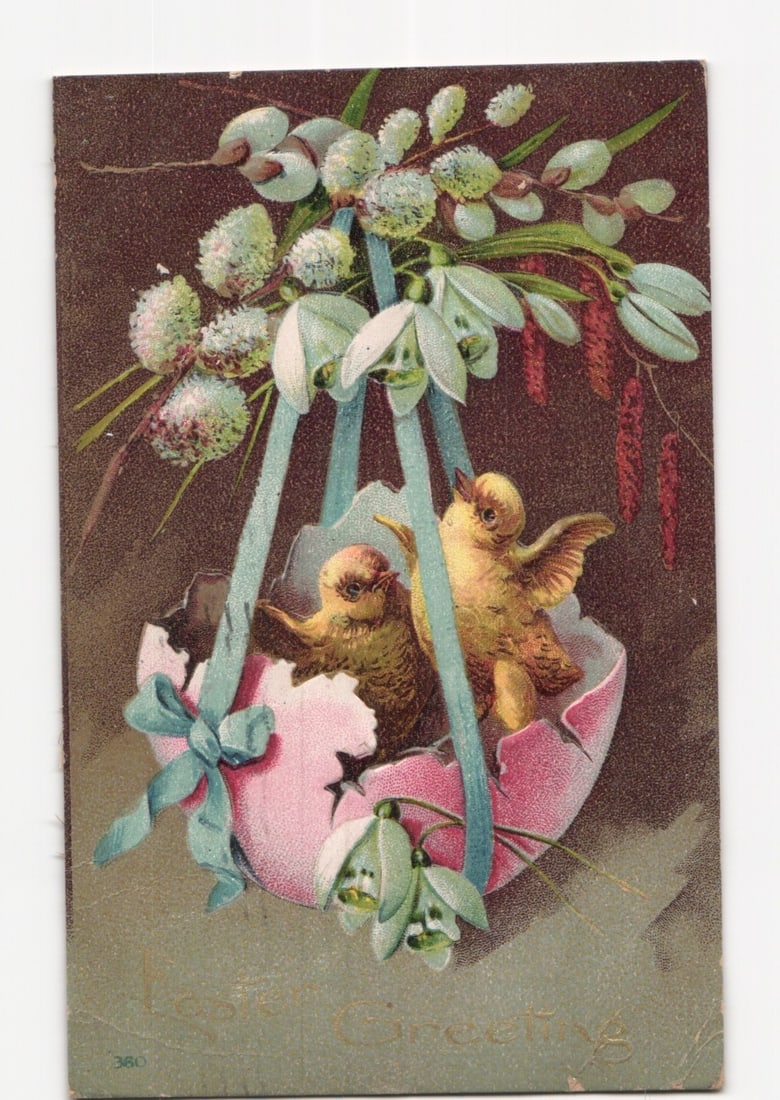 Early 20th Century Chromolithograph Postcard of Easter Chicks in Egg with Pussy Willows (1 of 2)