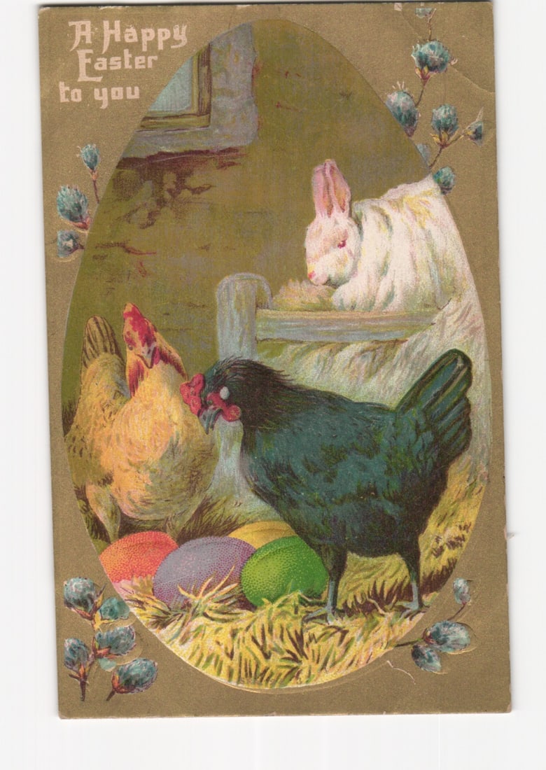 Early 20th Century Chromolithograph Postcard: Easter Scene with Rabbit, Hens, and Colored Eggs. (1 of 2)
